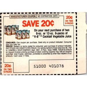 Save 20¢ On Next Purchase V-8 Vegetable Juice El Paso TX 1980s Coupon SAI1-M5